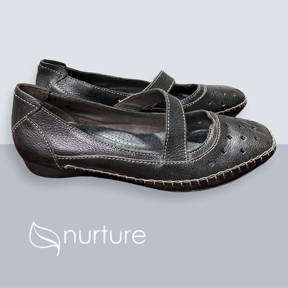 Nurture "Senita" Black Leather Mary Jane Flats 8
